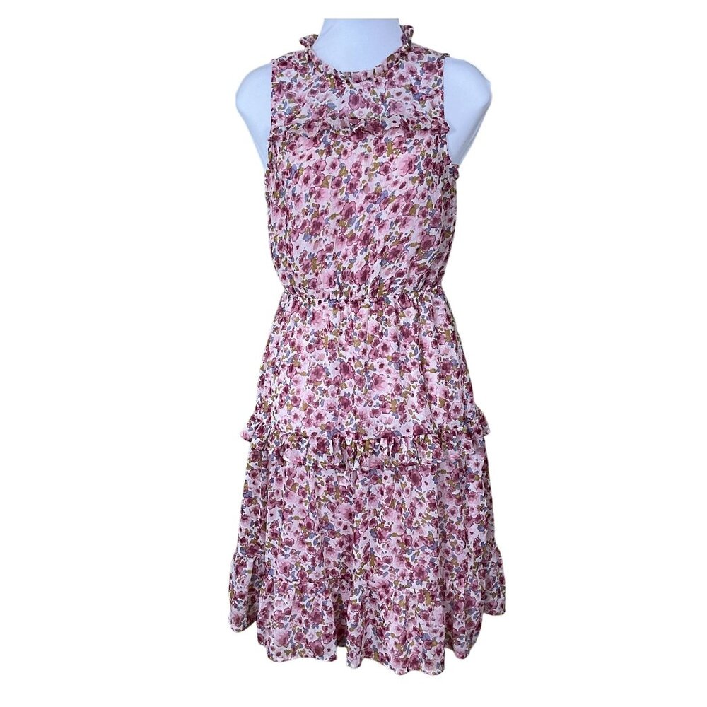 Monteau Sleeveless Pink Floral Ruffled Tiered High Neck Dress Keyhole Back XS